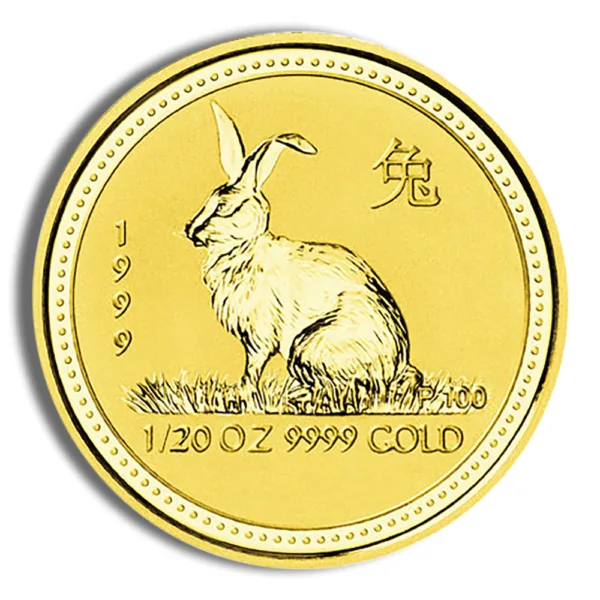 Gold coin featuring a rabbit design, marked 1999, with a weight of 1/20 oz and a purity of 9999 fine gold.