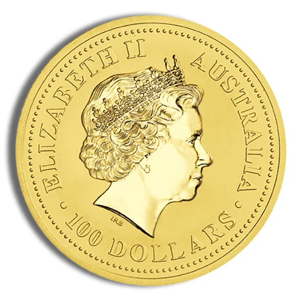 Gold coin featuring a profile of Queen Elizabeth II, inscribed with "Australia" and "100 Dollars."