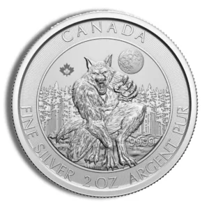 Canadian fine silver coin featuring a detailed depiction of a howling wolf, surrounded by a forest backdrop and a moon, with inscriptions indicating its purity and weight of 2 oz.