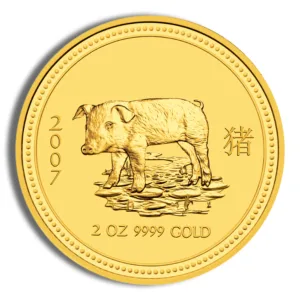 Gold coin featuring a pig design, minted in 2007, weighing 2 ounces with a purity of 9999 gold.