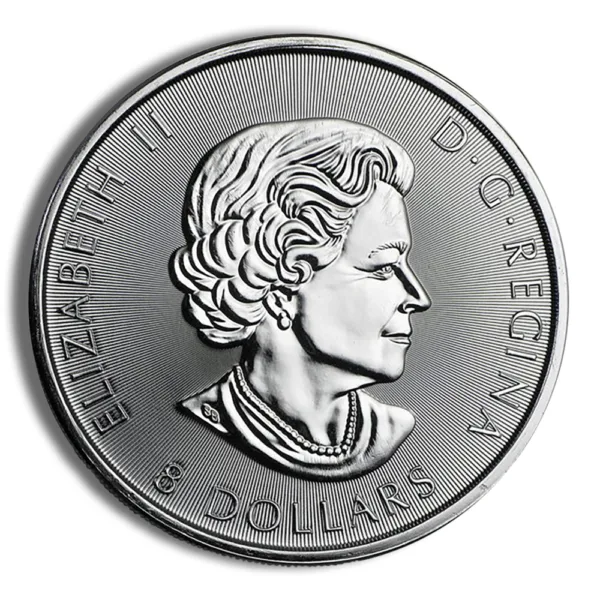 Silver coin featuring a profile of Queen Elizabeth II, inscribed with "D.G. Regina" and "Dollars," representing Canadian currency.