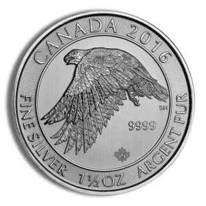 2016 Canadian silver coin featuring a detailed design of an eagle, made of 1 troy ounce of .9999 fine silver, highlighting its collectible value and craftsmanship.
