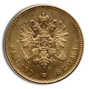 Gold coin featuring the double-headed eagle emblem of the Russian Empire, inscribed with "FINLAND" and "SUOMI," symbolizing Finland's historical ties to Russia.