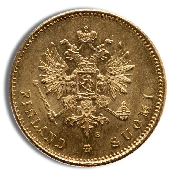 Gold coin featuring the double-headed eagle emblem of the Russian Empire, inscribed with "FINLAND" and "SUOMI," symbolizing Finland's historical ties to Russia.