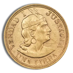 Gold coin featuring a profile of a woman wearing a feathered headdress, inscribed with "VERDAD Y JUSTICIA" and "UNA LIBRA."