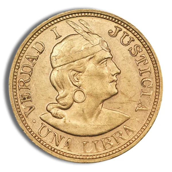Gold coin featuring a profile of a woman wearing a feathered headdress, inscribed with "VERDAD Y JUSTICIA" and "UNA LIBRA."