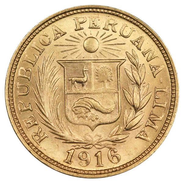 Peruvian coin from 1916 featuring the national coat of arms, surrounded by laurel branches and the inscription "Republica Peruana Lima."