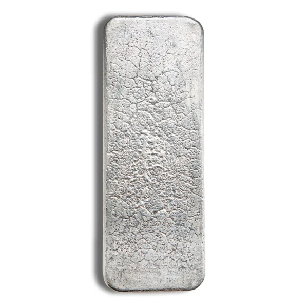 Silver bullion bar with a textured surface, ideal for investment and collection purposes.