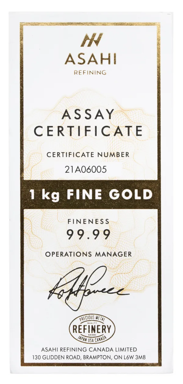 Assay certificate for 1 kg of fine gold with a fineness of 99.99, issued by Asahi Refining Canada. Includes certificate number 21A06005 and signature of the Operations Manager.