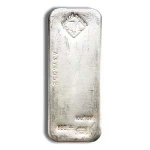 Silver bullion bar with a smooth surface and imprinted markings, commonly used for investment and trading in precious metals.