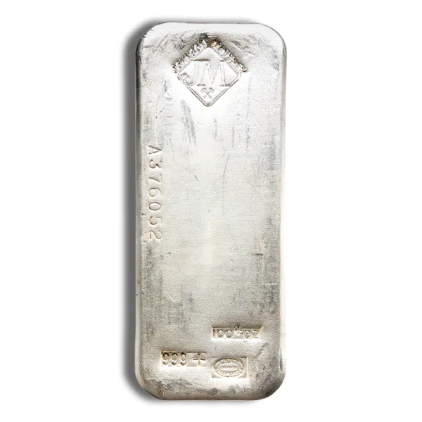 Silver bullion bar with a smooth surface and imprinted markings, commonly used for investment and trading in precious metals.