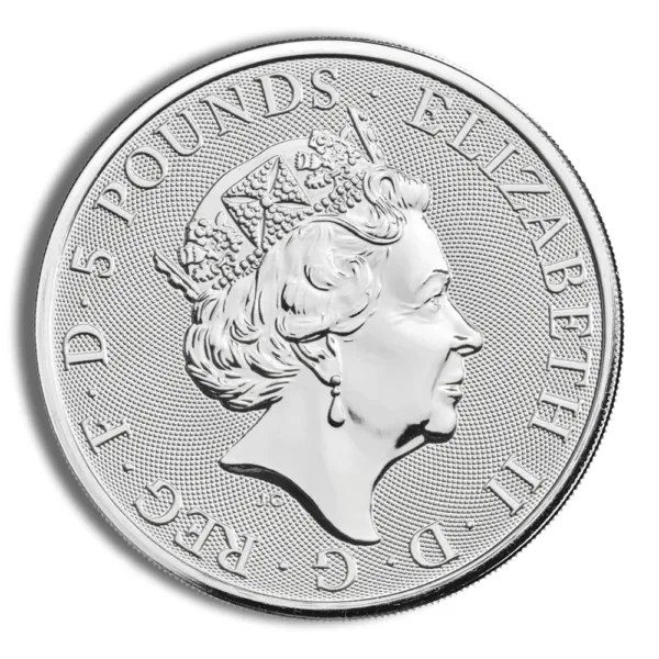 Silver five-pound coin featuring the profile of Queen Elizabeth II, showcasing detailed engraving and design elements.
