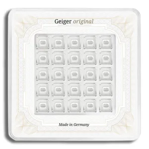 Geiger original chocolate assortment box featuring a grid of individually wrapped chocolates, made in Germany.