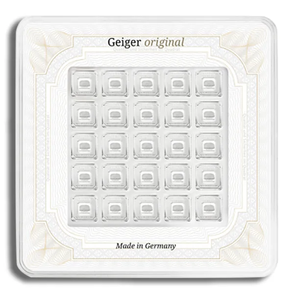 Geiger original chocolate assortment box featuring a grid of individually wrapped chocolates, made in Germany.