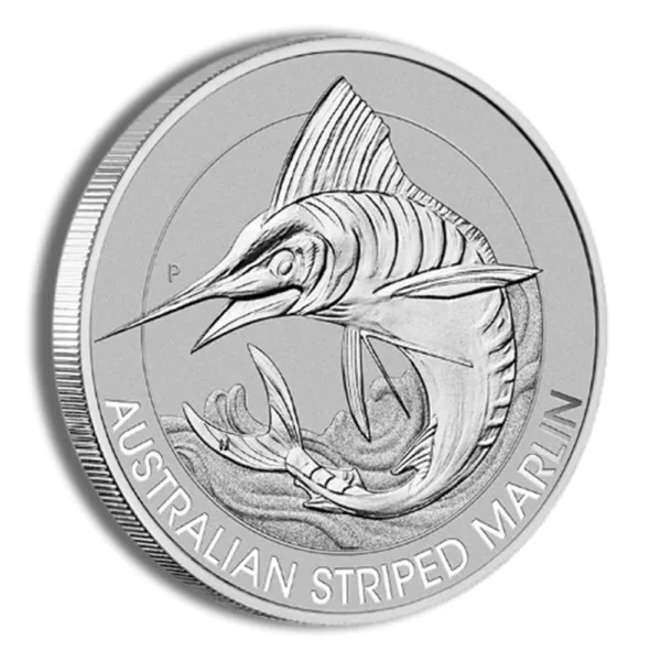 Silver coin featuring an intricately detailed Australian striped marlin design, showcasing the fish in a dynamic pose with waves in the background. Ideal for collectors and marine life enthusiasts.