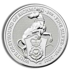 Silver coin featuring the White Greyhound of Richmond design, inscribed with "1 oz Fine Silver 999" and the year "2014." The coin showcases intricate detailing of the greyhound and a heraldic shield, symbolizing British heritage and numismatic artistry.