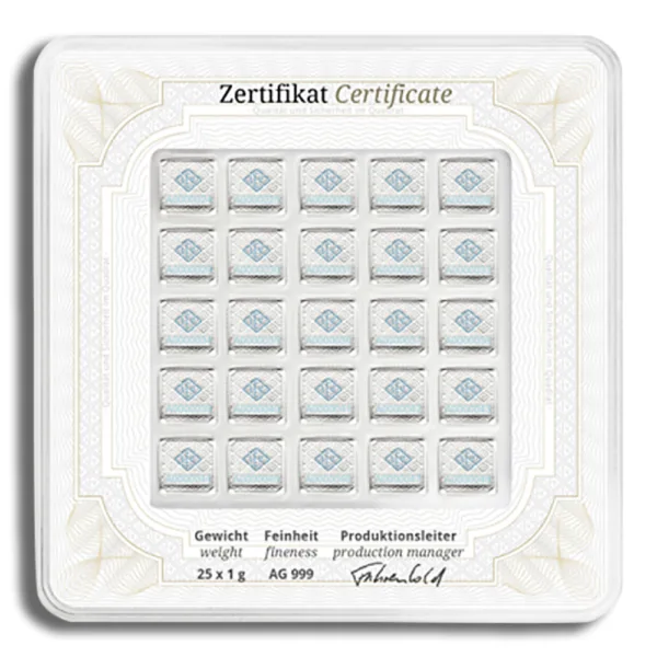 Certificate showcasing a grid of 25 diamond samples, featuring a detailed design and official markings, indicating authenticity and quality.
