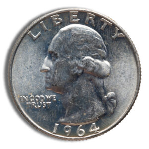 Close-up image of a 1964 Washington quarter, showcasing the profile of George Washington, with the inscriptions "LIBERTY" and "IN GOD WE TRUST" visible. The coin exhibits signs of wear and age, highlighting its historical significance in American currency.