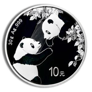 Silver panda coin featuring two pandas and decorative leaves, with inscriptions indicating its weight of 30 grams and purity of 999 fine silver, along with a denomination of 10 yuan.