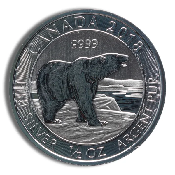 Silver coin featuring a polar bear design, issued by Canada in 2018, with a weight of 1/4 oz and a purity of .9999 fine silver.