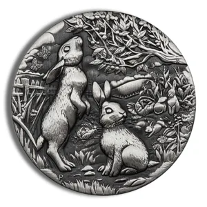 Detailed relief design featuring two rabbits surrounded by a lush garden, butterflies, and various plants, showcasing intricate artistry in a circular format.