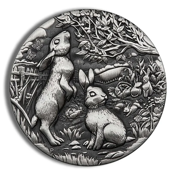 Detailed relief design featuring two rabbits surrounded by a lush garden, butterflies, and various plants, showcasing intricate artistry in a circular format.