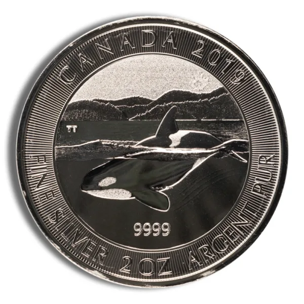2019 Canada fine silver coin featuring an orca design, 1 oz, with a purity mark of 9999. Ideal for collectors and investors.