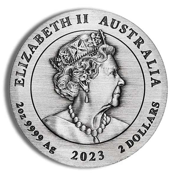 Silver Australian coin featuring a profile of Queen Elizabeth II, inscribed with "Elizabeth II Australia 2023 2 Dollars."
