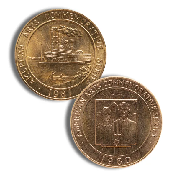 Two commemorative coins from the American Arts Commemorative Series, one dated 1980 featuring a farmer and a painter, and the other dated 1981 depicting a steamboat. Both coins showcase intricate designs celebrating American culture and art.