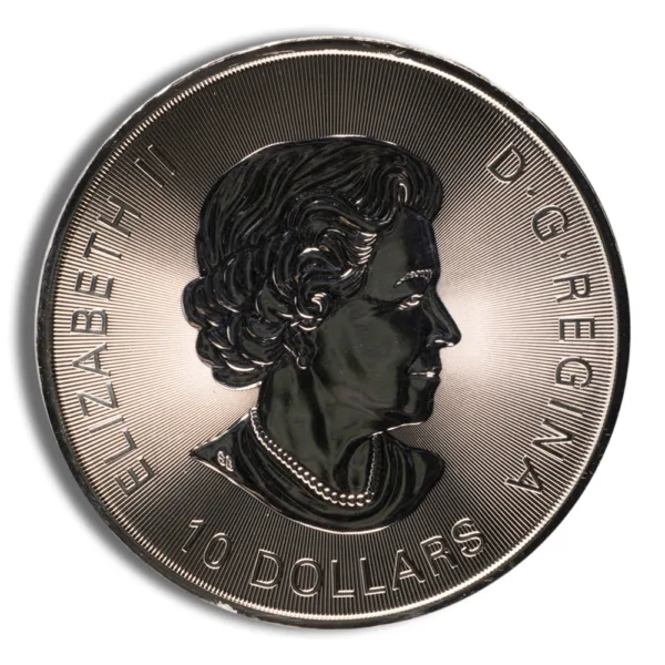 Canadian 10 dollar coin featuring a profile of Queen Elizabeth II, inscribed with "Elizabeth D.G. Regina" and the denomination.
