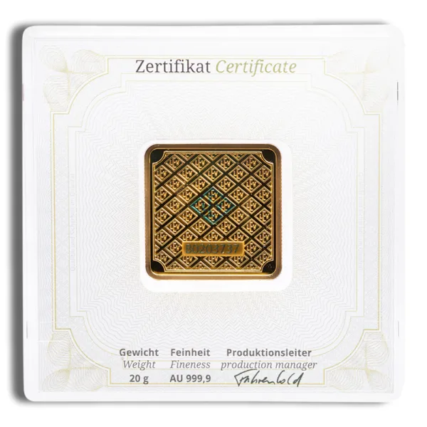 Zertifikat certificate featuring a gold emblem on a decorative background, framed within a white border, displaying details such as product name and signature.