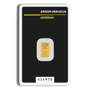 Gold bullion bar by Argor-Heraeus, weighing 1 ounce, displayed in a protective case with a black background. Features include markings for fine gold purity and serial number 424958. Ideal for investment and collection.