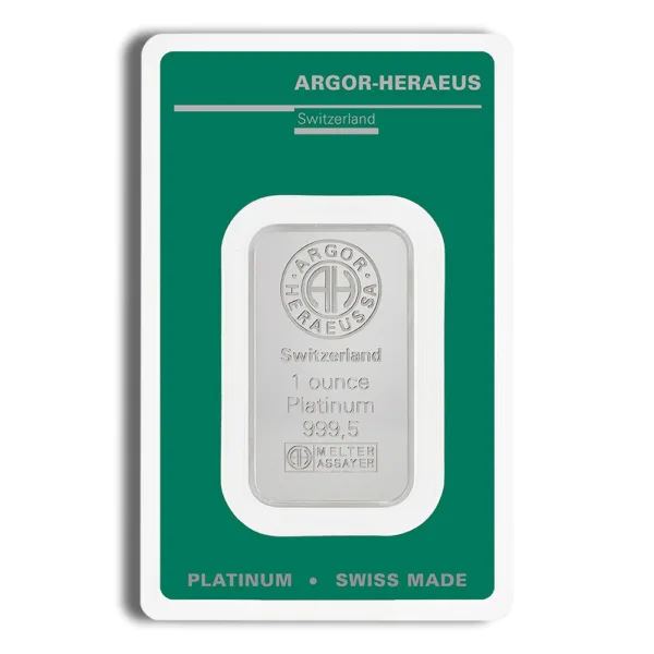 Argor-Heraeus 1 ounce platinum bar in protective packaging, featuring a green background with embossed details including "Switzerland," "Platinum," and "999.5" purity. Ideal for investors seeking high-quality precious metals.
