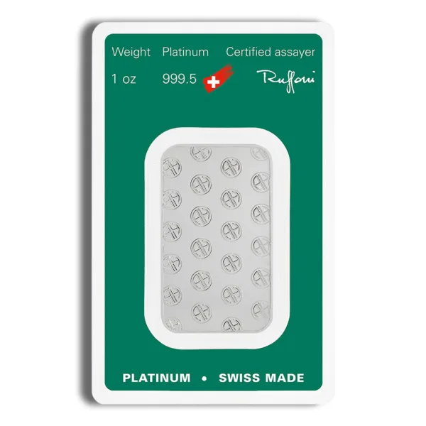 Platinum bar weighing 1 oz, with a purity of 999.5, displayed in a green packaging by Ruffoni, a certified assayer, emphasizing its Swiss-made quality.