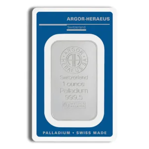 1 ounce Argor-Heraeus palladium bar from Switzerland, featuring a sleek design with the company logo and purity mark of 999.5, packaged in a protective blue and white assay card.