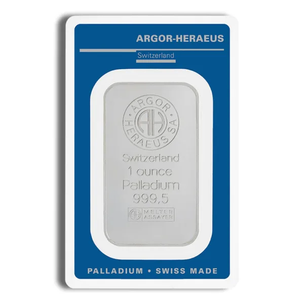 1 ounce Argor-Heraeus palladium bar from Switzerland, featuring a sleek design with the company logo and purity mark of 999.5, packaged in a protective blue and white assay card.