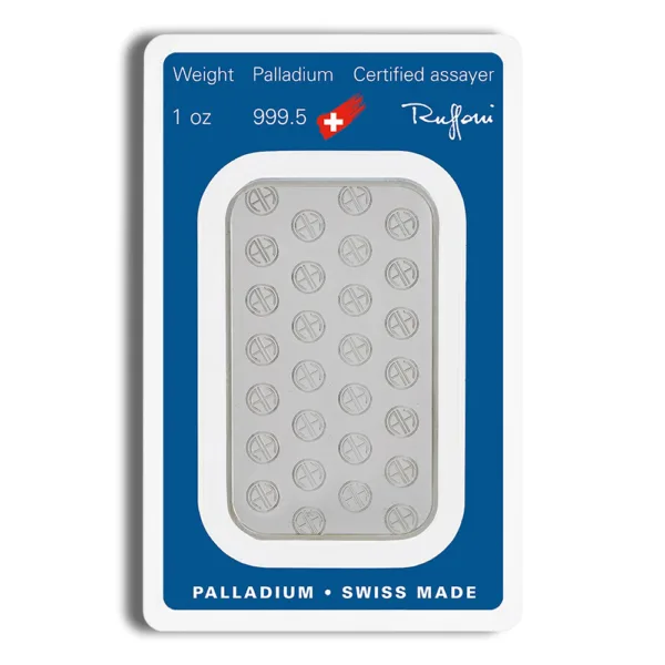 Palladium bullion bar weighing 1 oz, featuring a purity of 999.5 and marked as Swiss made. The bar is encased in a protective card with certification details.