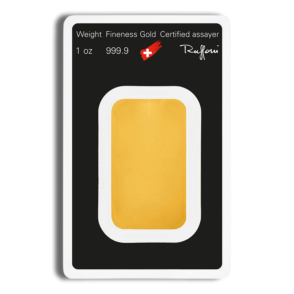 1 ounce gold bar by Rufferi, featuring a fineness of 999.9, presented in a secure assay card with weight and certification details. Ideal for investment and collectors.