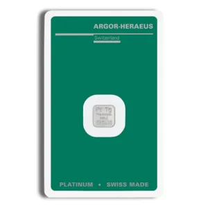Silver bullion bar from Argor-Heraeus, presented in a green protective assay card. The bar features a square design with engraved details, ideal for investment and collection.
