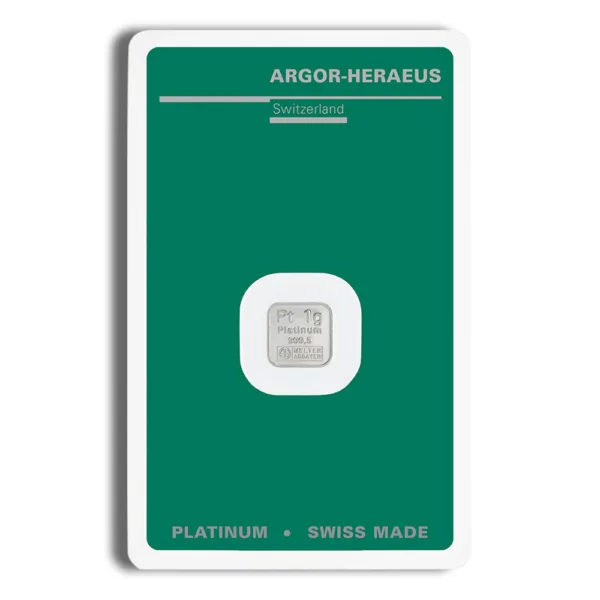 Silver bullion bar from Argor-Heraeus, presented in a green protective assay card. The bar features a square design with engraved details, ideal for investment and collection.