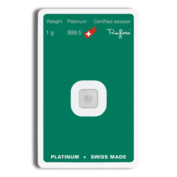 Platinum bullion bar weighing 1 oz, featuring a green certification card indicating its purity of 999.5 and Swiss origin.