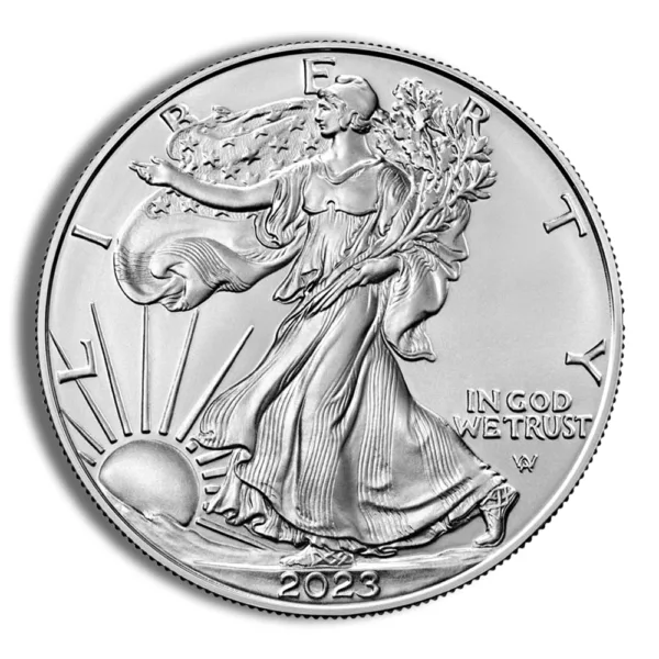 American Silver Eagle coin featuring Lady Liberty, minted in 2023, showcasing intricate designs and a radiant sun background. Ideal for collectors and investors in precious metals.