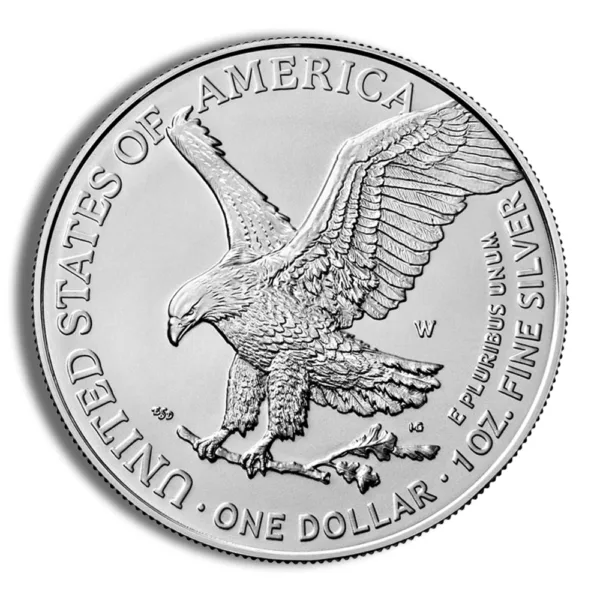 Silver American Eagle coin featuring a soaring eagle design, minted in the United States, with the inscription "One Dollar" and "1 oz. Fine Silver."