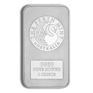 Perth Mint silver bar featuring a swan logo, weighing one troy ounce, with 999 fine silver purity, ideal for investors and collectors.
