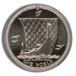 Platinum coin featuring a Viking ship design, inscribed with "1 OZ PLATINUM FINE" and "ONE NOBLE," symbolizing historical maritime exploration and value in precious metals.
