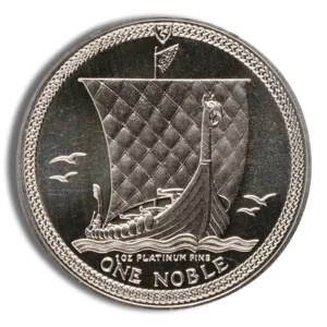 Silver coin featuring a Viking ship design, inscribed with "One Noble," representing historical currency and collectibles.