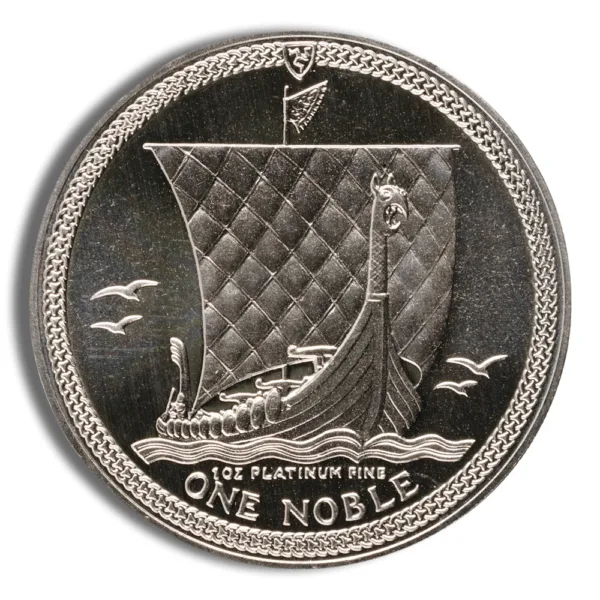 Silver coin featuring a Viking ship design, inscribed with "One Noble," representing historical currency and collectibles.
