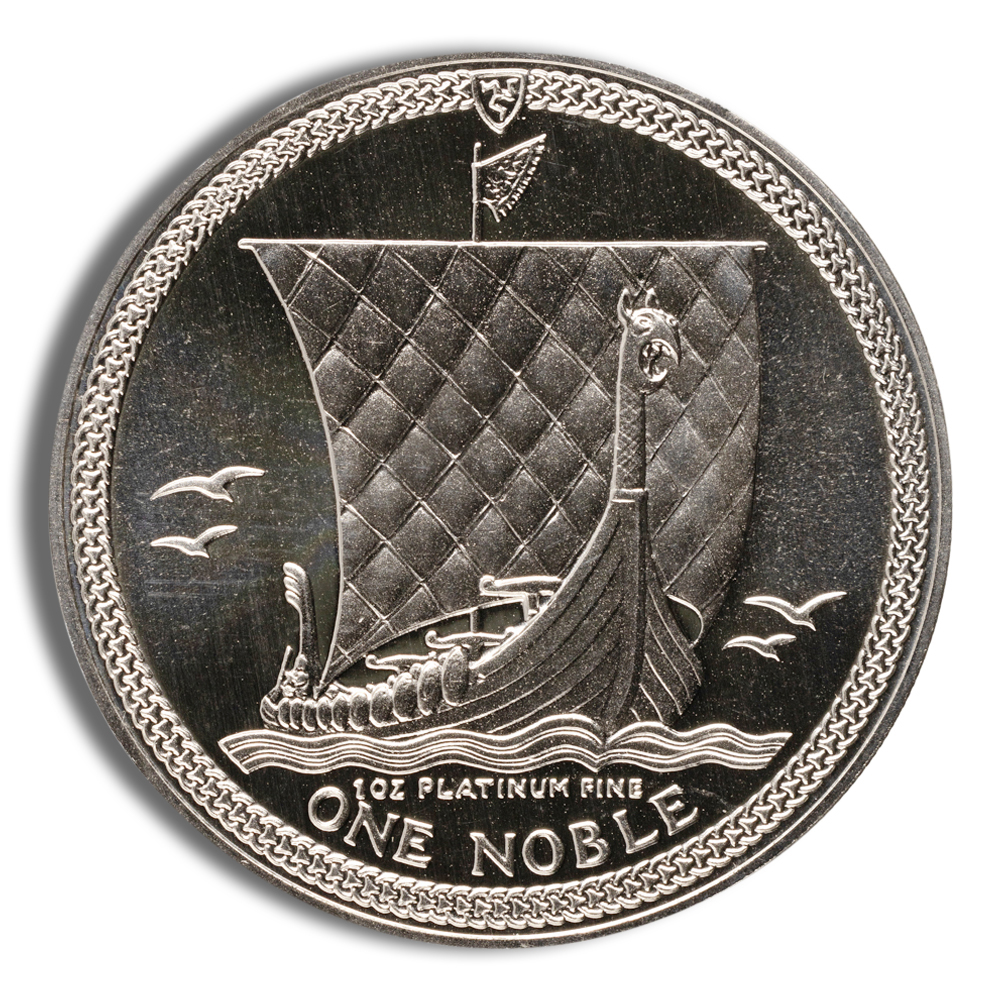 Platinum coin featuring a Viking ship design, inscribed with "1 OZ PLATINUM FINE" and "ONE NOBLE," symbolizing historical maritime exploration and value in precious metals.