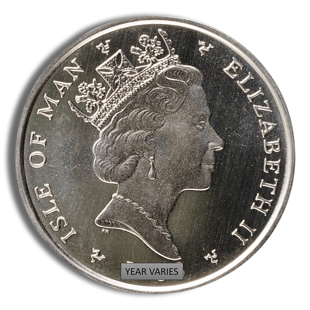 Isle of Man coin featuring a profile of Queen Elizabeth II, showcasing intricate details of her crown and jewelry, with the inscription "ISLE OF MAN" and "ELIZABETH II." Year of minting varies.