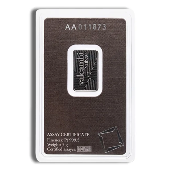 Silver bullion bar in protective packaging, featuring the Valcambi logo and unique serial number AA011873. The bar weighs 1 ounce and is certified for authenticity.